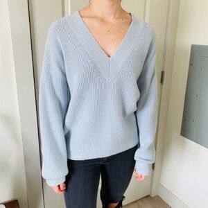 Blue V-Neck Sweater with Relaxed Fit and Knit Texture
